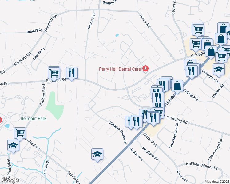 map of restaurants, bars, coffee shops, grocery stores, and more near 3739 East Joppa Road in Perry Hall