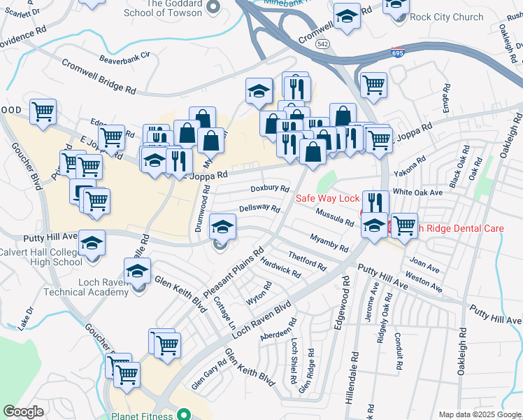 map of restaurants, bars, coffee shops, grocery stores, and more near 1563 Dellsway Road in Towson