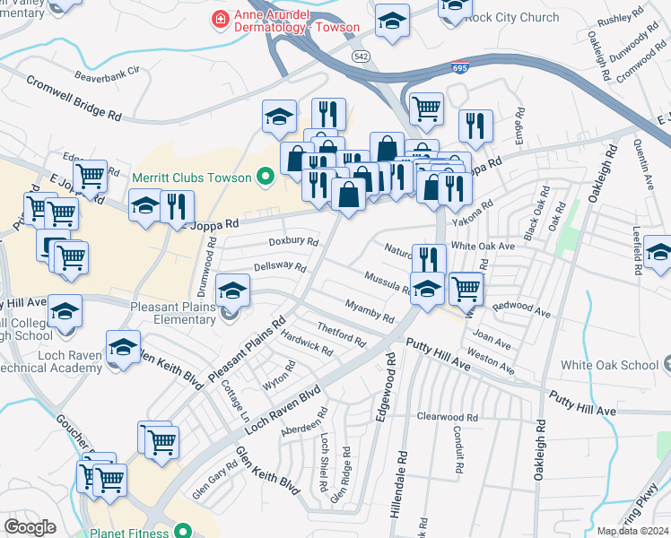map of restaurants, bars, coffee shops, grocery stores, and more near 1607 Mussula Road in Towson