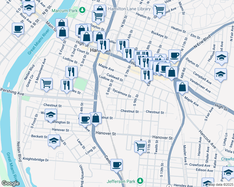 map of restaurants, bars, coffee shops, grocery stores, and more near 641 Sycamore Street in Hamilton