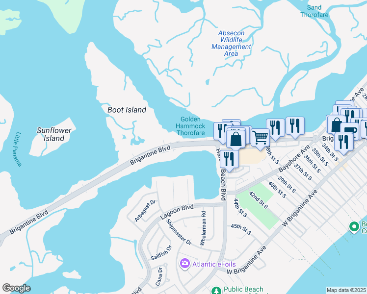 map of restaurants, bars, coffee shops, grocery stores, and more near 4152 Atlantic Brigantine Boulevard in Brigantine