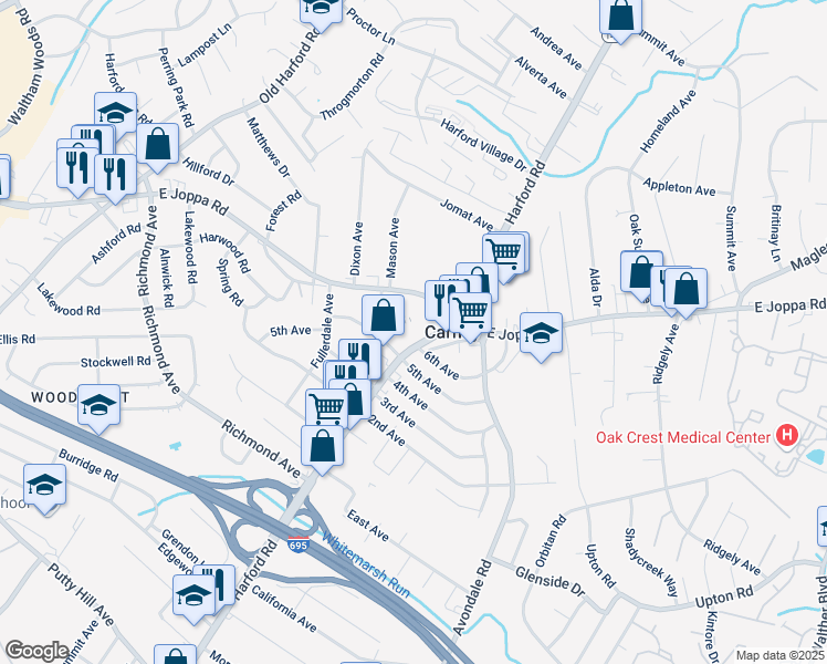map of restaurants, bars, coffee shops, grocery stores, and more near 9512 Harford Road in Parkville