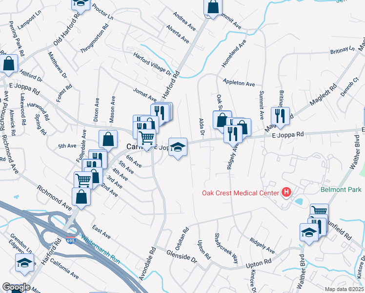 map of restaurants, bars, coffee shops, grocery stores, and more near 3145 East Joppa Road in Parkville