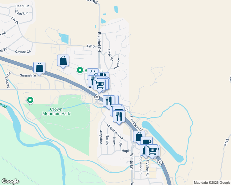 map of restaurants, bars, coffee shops, grocery stores, and more near Adele Drive in Basalt