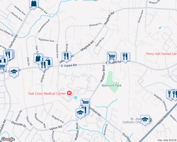 map of restaurants, bars, coffee shops, grocery stores, and more near 3425 East Joppa Road in Parkville