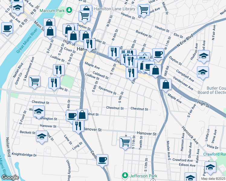 map of restaurants, bars, coffee shops, grocery stores, and more near 730 Sycamore Street in Hamilton