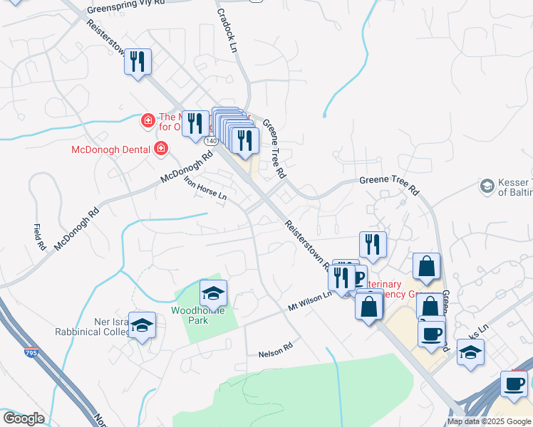 map of restaurants, bars, coffee shops, grocery stores, and more near 25 Pellinore Court in Pikesville