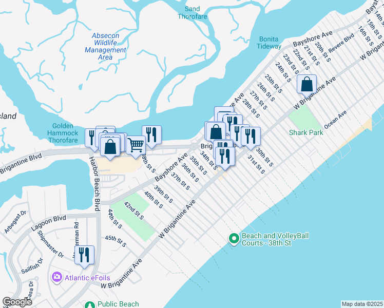 map of restaurants, bars, coffee shops, grocery stores, and more near 3418 Bayshore Ave in Brigantine