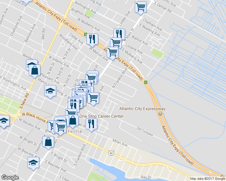 map of restaurants, bars, coffee shops, grocery stores, and more near 164 North Franklin Boulevard in Pleasantville