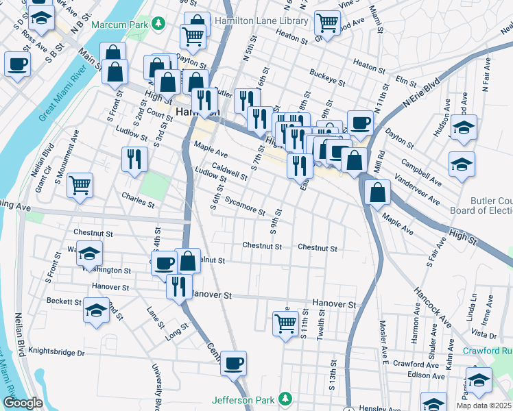map of restaurants, bars, coffee shops, grocery stores, and more near 730 Sycamore Street in Hamilton