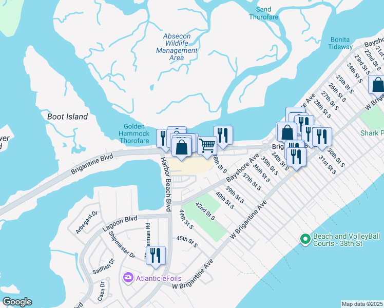 map of restaurants, bars, coffee shops, grocery stores, and more near 3900 Atlantic Brigantine Boulevard in Brigantine