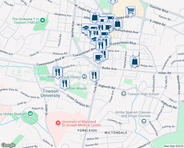 map of restaurants, bars, coffee shops, grocery stores, and more near Newell Avenue in Towson