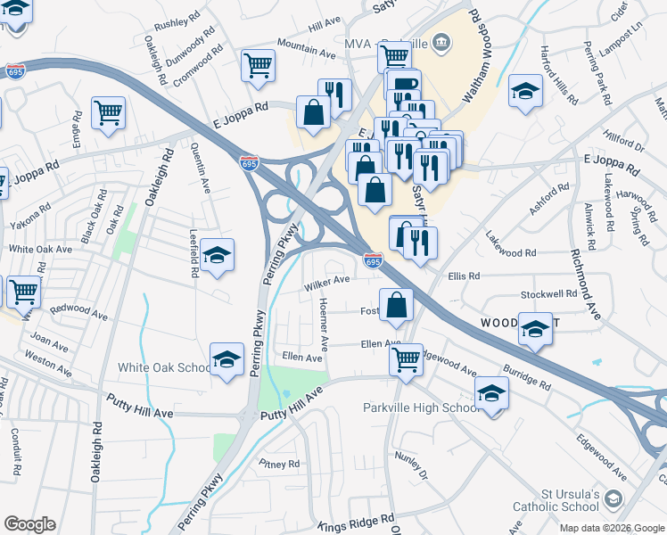 map of restaurants, bars, coffee shops, grocery stores, and more near 8739 Cimarron Circle in Parkville