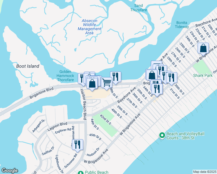 map of restaurants, bars, coffee shops, grocery stores, and more near 3810 Atlantic Brigantine Boulevard in Brigantine