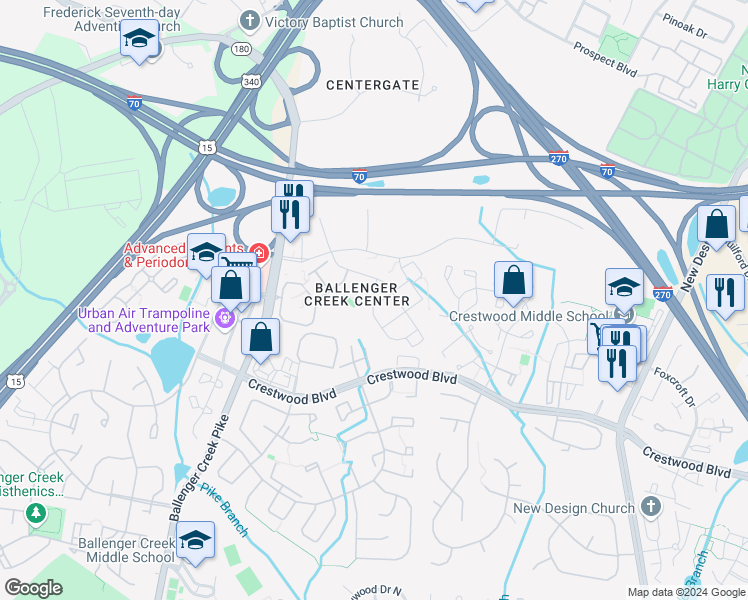 map of restaurants, bars, coffee shops, grocery stores, and more near 621 Tivoli Road in Frederick