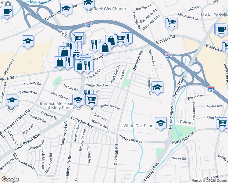 map of restaurants, bars, coffee shops, grocery stores, and more near 8549 Oak Road in Parkville