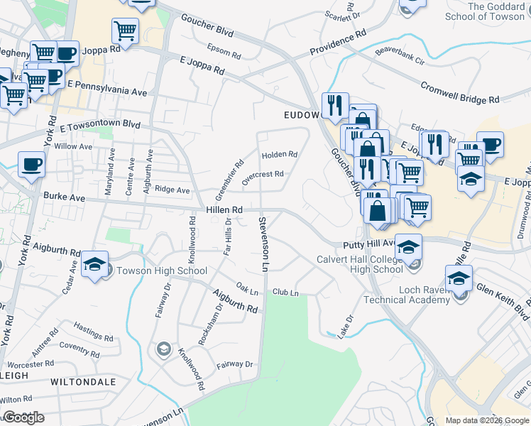 map of restaurants, bars, coffee shops, grocery stores, and more near 501 Hillen Road in Towson