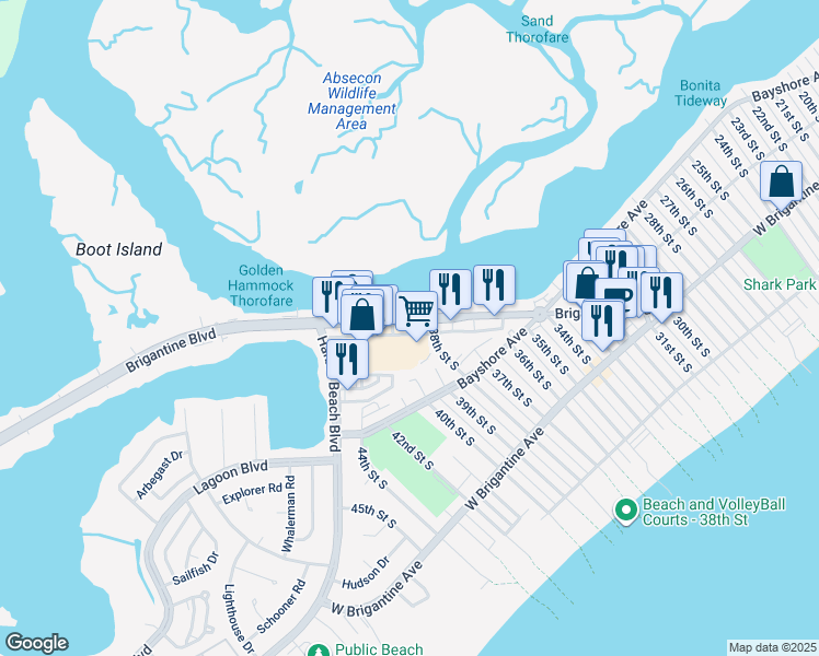 map of restaurants, bars, coffee shops, grocery stores, and more near 3810 Atlantic Brigantine Boulevard in Brigantine