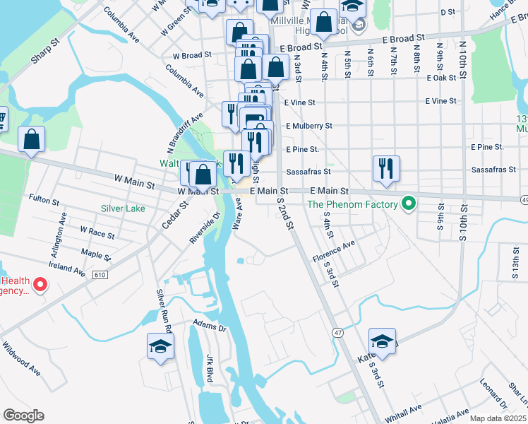 map of restaurants, bars, coffee shops, grocery stores, and more near 117 Smith Street in Millville