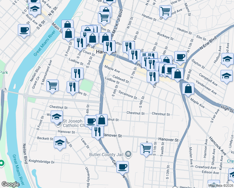 map of restaurants, bars, coffee shops, grocery stores, and more near 535 Sycamore Street in Hamilton