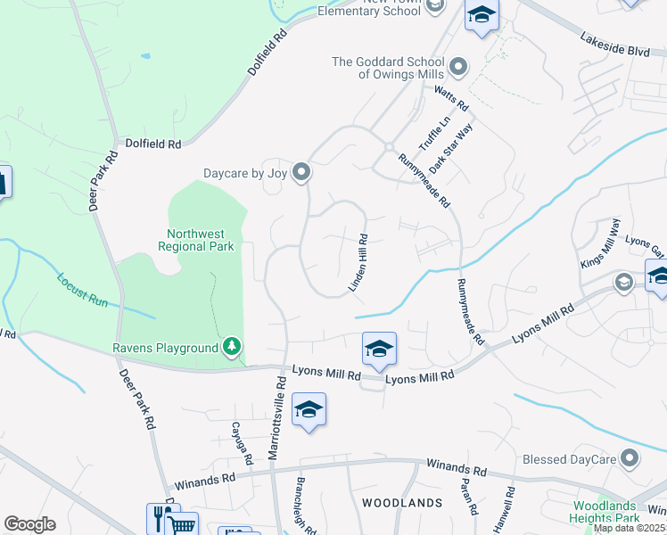map of restaurants, bars, coffee shops, grocery stores, and more near 9900 Linden Hill Road in Owings Mills