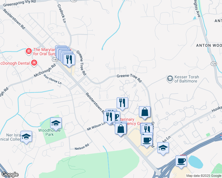 map of restaurants, bars, coffee shops, grocery stores, and more near 15 Austringer Court in Pikesville