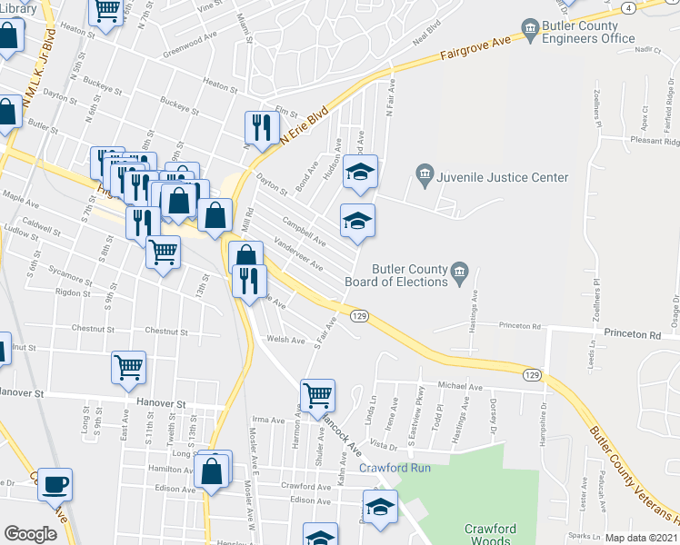 map of restaurants, bars, coffee shops, grocery stores, and more near 1346 Vanderveer Avenue in Hamilton