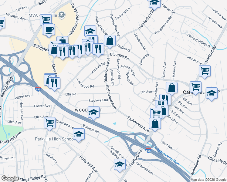 map of restaurants, bars, coffee shops, grocery stores, and more near 2460 Ellis Road in Parkville