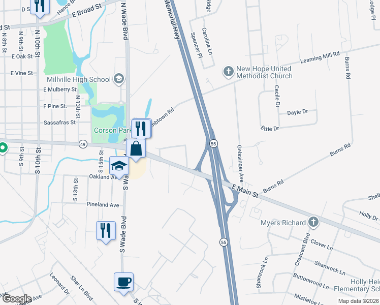 map of restaurants, bars, coffee shops, grocery stores, and more near 1826 Circle Drive in Millville