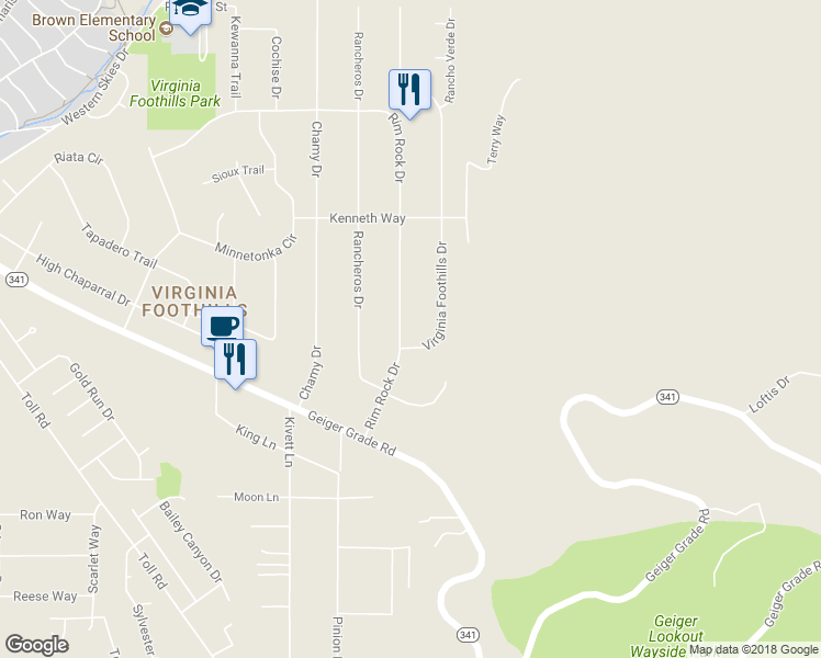 map of restaurants, bars, coffee shops, grocery stores, and more near 14640 Rim Rock Drive in Reno