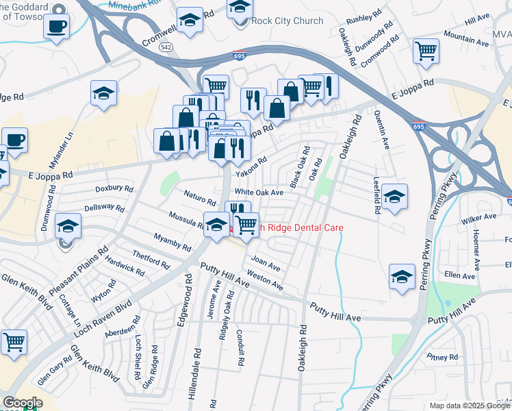 map of restaurants, bars, coffee shops, grocery stores, and more near 8544 Willow Oak Road in Parkville