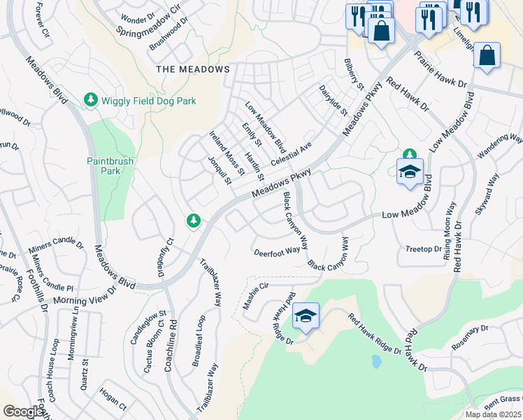map of restaurants, bars, coffee shops, grocery stores, and more near 2941 Night Song Way in Castle Rock