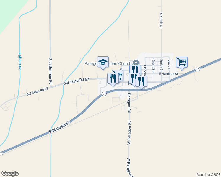 map of restaurants, bars, coffee shops, grocery stores, and more near 2380 South South R 67 in Paragon