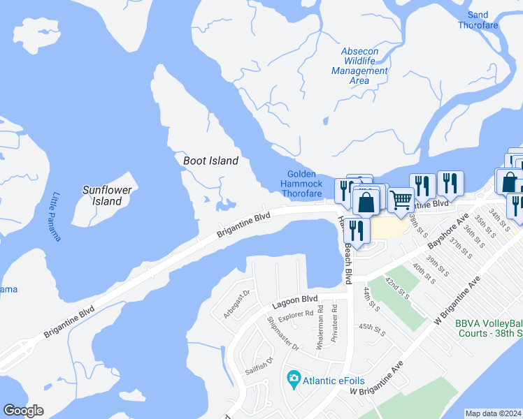 map of restaurants, bars, coffee shops, grocery stores, and more near 4201 Brigantine Boulevard in Brigantine