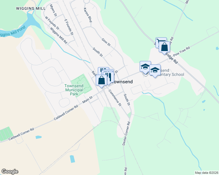 map of restaurants, bars, coffee shops, grocery stores, and more near 314 Main Street in Townsend