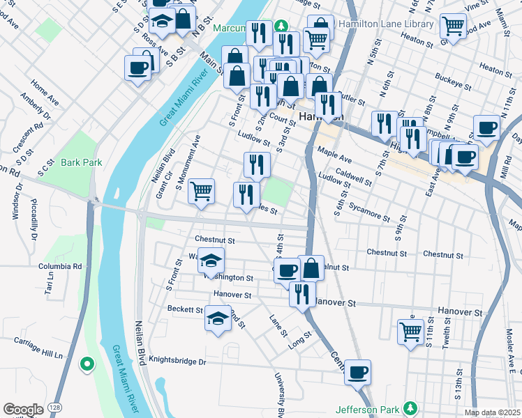 map of restaurants, bars, coffee shops, grocery stores, and more near 502 South 3rd Street in Hamilton