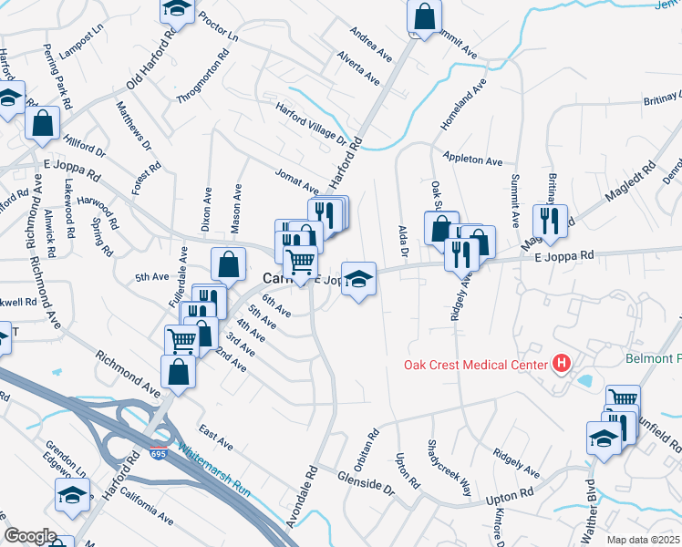 map of restaurants, bars, coffee shops, grocery stores, and more near 3130 East Joppa Road in Parkville