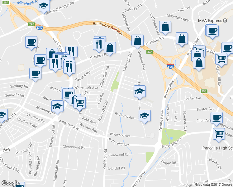 map of restaurants, bars, coffee shops, grocery stores, and more near 8600 Oakleigh Road in Parkville