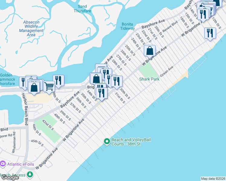 map of restaurants, bars, coffee shops, grocery stores, and more near 3100 West Brigantine Avenue in Brigantine