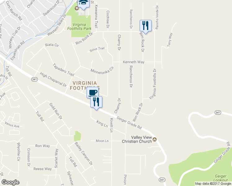 map of restaurants, bars, coffee shops, grocery stores, and more near 14645 Chamy Drive in Reno