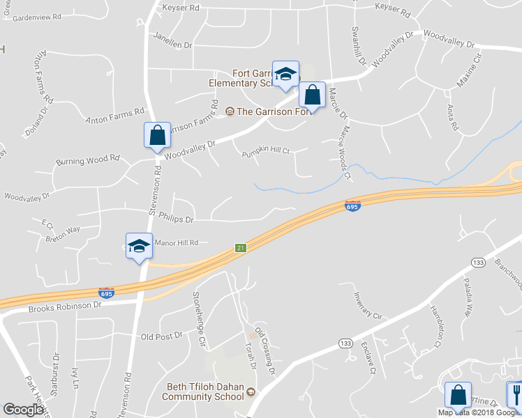 map of restaurants, bars, coffee shops, grocery stores, and more near 3410 Philips Dr in Pikesville
