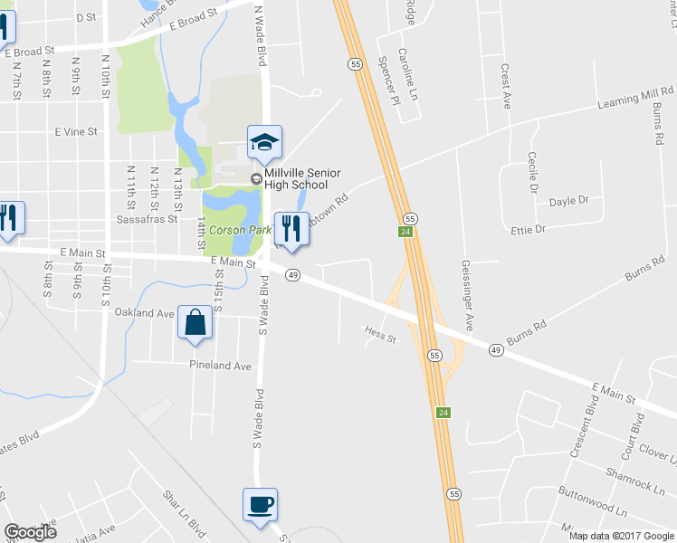 map of restaurants, bars, coffee shops, grocery stores, and more near 1807 Circle Drive in Millville