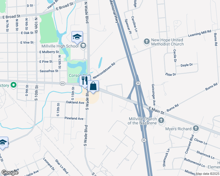 map of restaurants, bars, coffee shops, grocery stores, and more near 1807 Circle Drive in Millville