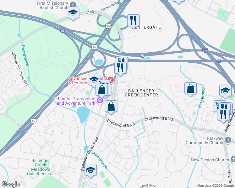map of restaurants, bars, coffee shops, grocery stores, and more near Windview Way in Frederick