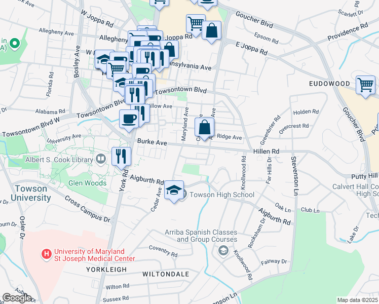 map of restaurants, bars, coffee shops, grocery stores, and more near 104 Marburth Avenue in Towson