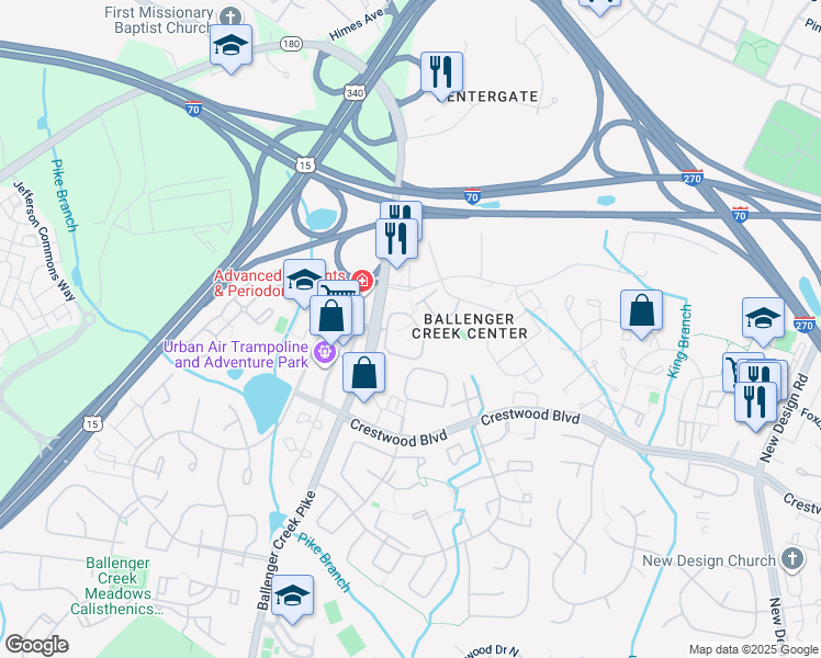 map of restaurants, bars, coffee shops, grocery stores, and more near 607 Windview Way in Frederick