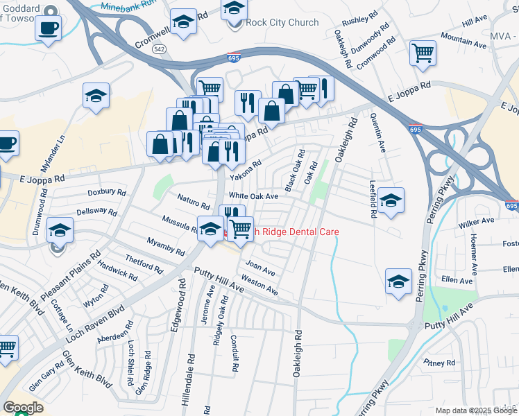 map of restaurants, bars, coffee shops, grocery stores, and more near 1714 Pin Oak Road in Parkville