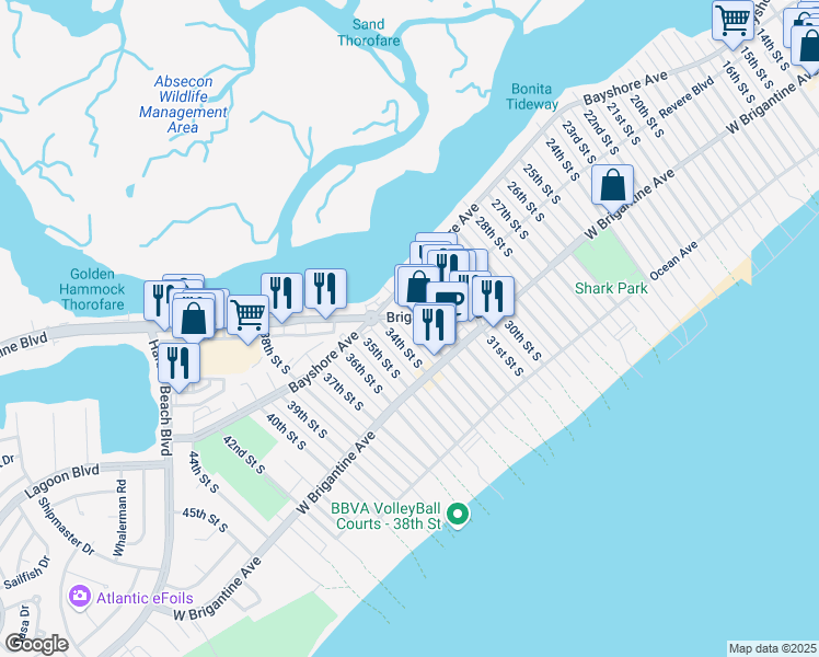 map of restaurants, bars, coffee shops, grocery stores, and more near 210 33rd Street South in Brigantine