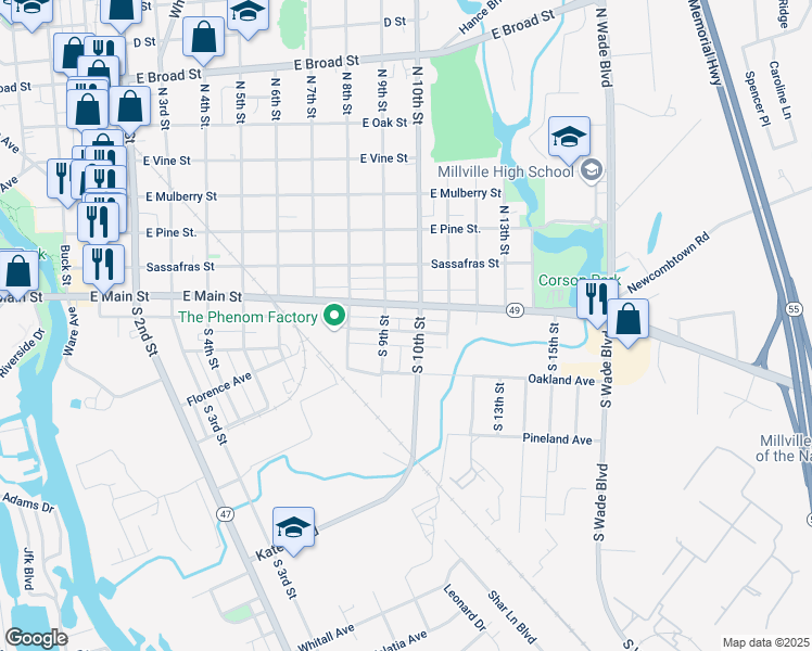 map of restaurants, bars, coffee shops, grocery stores, and more near 908 Woodland Avenue in Millville