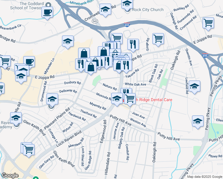 map of restaurants, bars, coffee shops, grocery stores, and more near 1641 Naturo Road in Towson